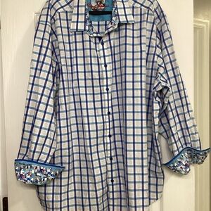 Robert Graham Men’s Blue Plaid Shirt Flip Cuff Print Collar - 3 XL